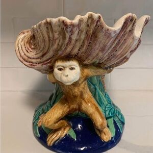Vintage Coastal Ceramic Monkey Centerpiece Shell Bowl